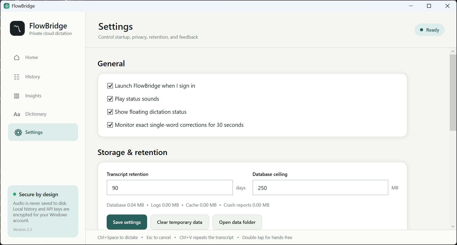 FlowBridge privacy and retention settings